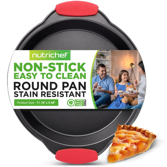 Nonstick Round Cake Pan - Easy Release Carbon Steel, Red Handles, 9.7"