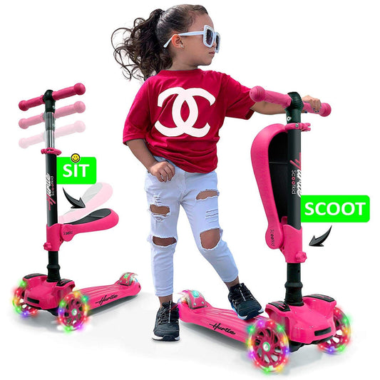 Kids Scooter with Seat, LED Wheels, Adjustable Height, Pink
