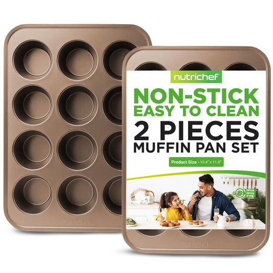 12 Cup Nonstick Muffin Pans, Easy Release Carbon Steel, Gold
