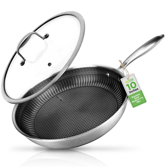 10" Stainless Steel Frying Pan, Non-Stick, Scratch-Resistant, w/Glass Lid