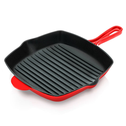 11" Cast Iron Grill Pan, Perfect Grill Marks, Porcelain Enamel Coating
