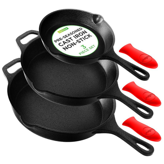 3pc Cast Iron Skillet Set - Nonstick, Even Heat, Silicone Handles
