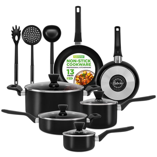 13-Piece Nonstick Cookware Set - Even Heat, Durable Coating, Glass Lids