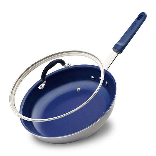 8" Nonstick Fry Pan with Lid, Ceramic Coating, Blue Silicone Handle