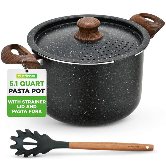 5qt Non-Stick Pasta Pot with Strainer Lid & Fork, Even Heat, Black Marble
