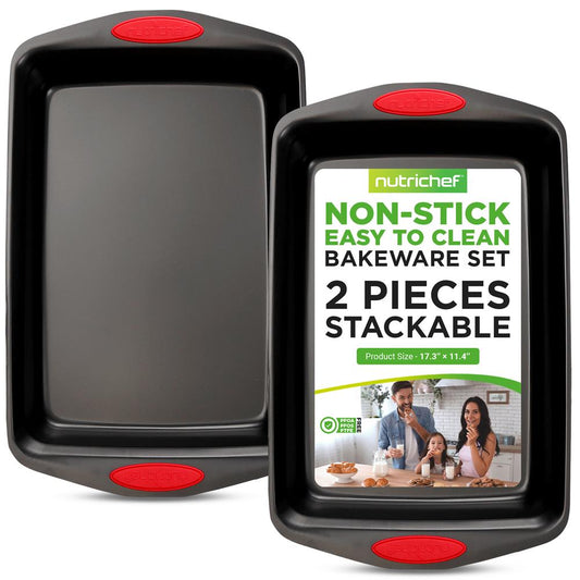 2-Piece Nonstick Baking Pan Set, Even Heat, Carbon Steel, Red Handles