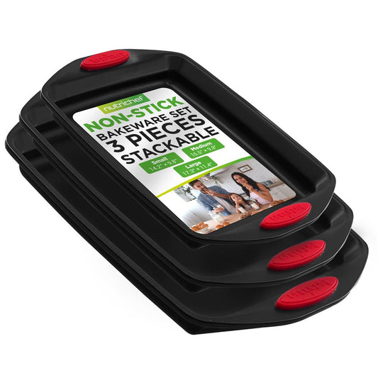 3-Piece Nonstick Baking Pan Set - Easy Clean Carbon Steel 0.6mm, Red Handles