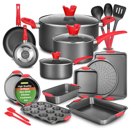 21-Piece Nonstick Cookware Set - Even Heat, Cool-Touch Handles, Red