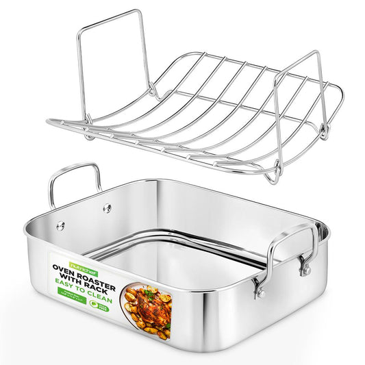 14" Stainless Steel Roasting Pan, Warp Resistant, Polished Rack