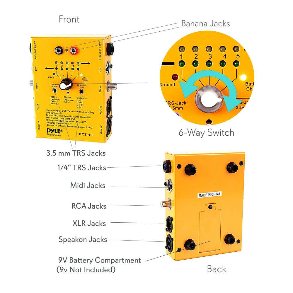 product image number 3 for Pyle 8-Plug Pro Audio Cable Tester