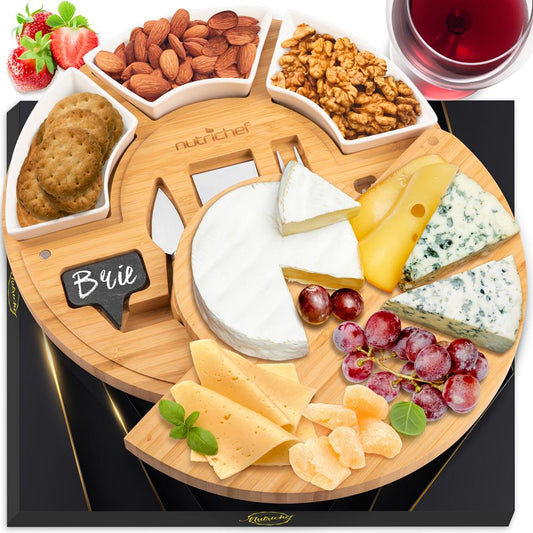 Set de plateau à fromage en bambou, extra large, 33 cm rond, comprend couteaux et bols