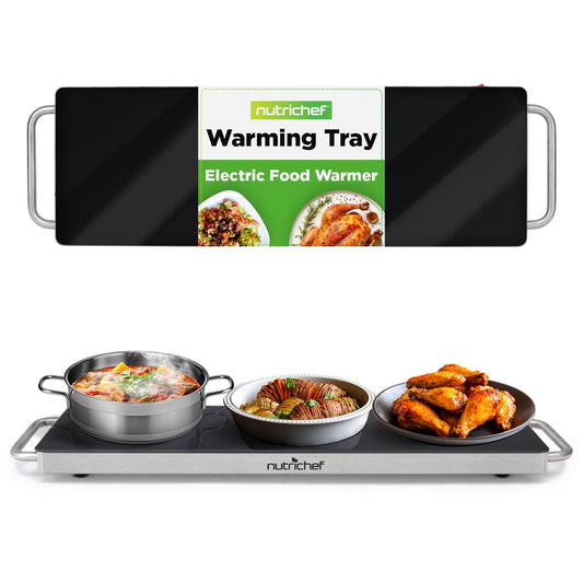 Electric Food Warmer Tray - Keeps Food Warm, Stainless Steel, Glass Top