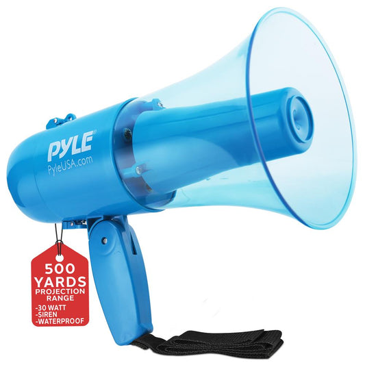 30W Megaphone Siren Speaker, Loud Sound, Rechargeable, Transparent Blue
