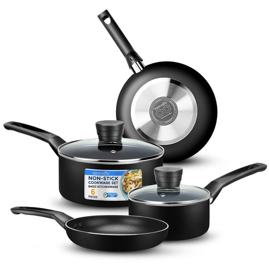 6-Piece Nonstick Cookware Set - Even Heat, Durable Coating, Black