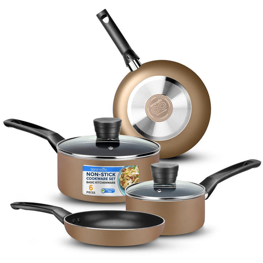 6-Piece Nonstick Cookware Set - Even Heat, Durable Coating, Gold