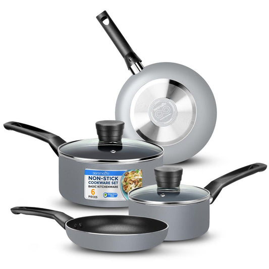 6-Piece Nonstick Cookware Set - Even Heat, Durable Coating, Gray