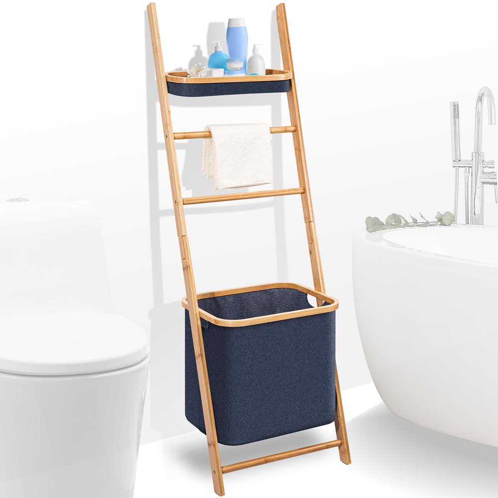 product image number 1 for SereneLife Bamboo Leaning Shelf With Storage Hamper