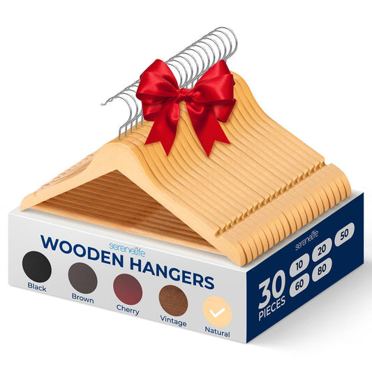 30-Pack Heavy Duty Wooden Hangers - 360° Swivel Hook, Natural Finish