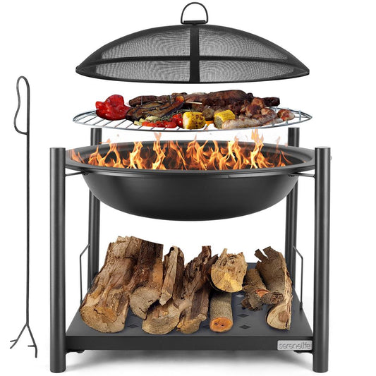 26" Outdoor Fire Pit with BBQ Grill, Heat-Resistant Steel, Wood Storage