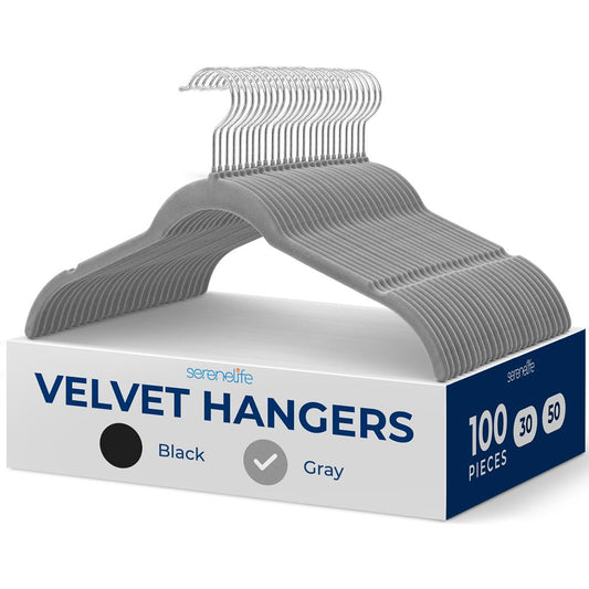100-Pack Velvet Hangers, Non-Slip, Space-Saving, 360° Swivel, Gray