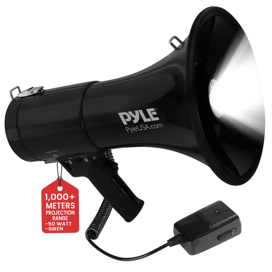 Pyle 50W Rechargeable Megaphone with LED Lights, Handheld Microphone & Siren