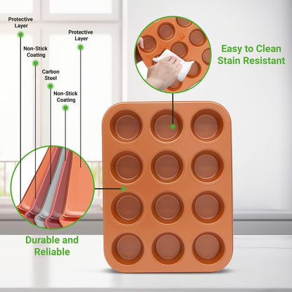 Moule à muffins 12 cavités, chauffe uniforme, acier au carbone antiadhésif, cuivre 