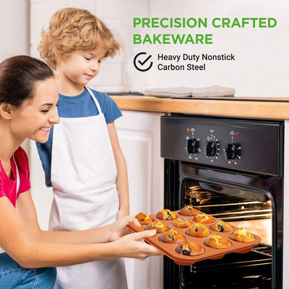 Moule à muffins 12 cavités, chauffe uniforme, acier au carbone antiadhésif, cuivre 