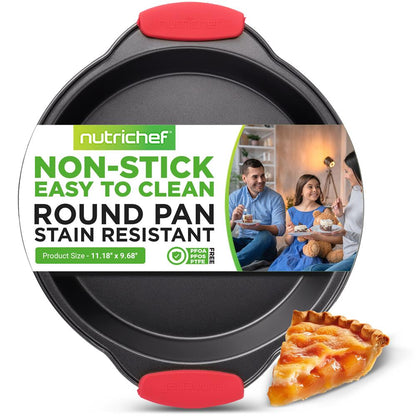 Nonstick Round Cake Pan - Easy Release Carbon Steel, Red Handles, 9.7"