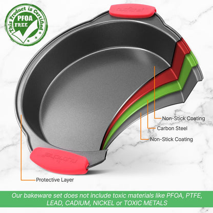 Nonstick Round Cake Pan - Easy Release Carbon Steel, Red Handles, 9.7"