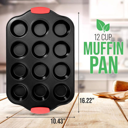 12 Cup Muffin Pan, Nonstick Carbon Steel, Red Silicone Handles