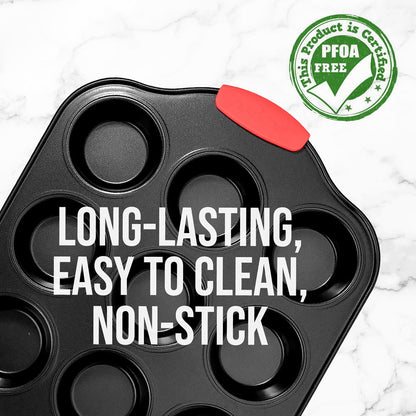 12 Cup Muffin Pan, Nonstick Carbon Steel, Red Silicone Handles