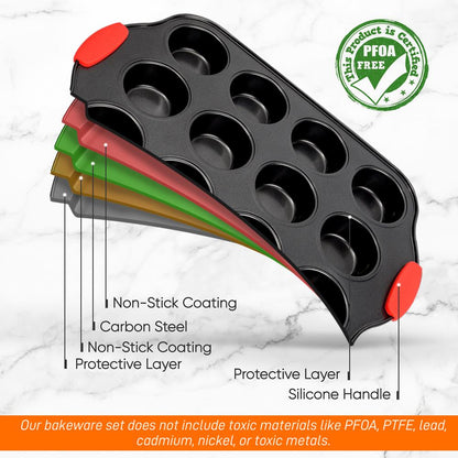 12 Cup Muffin Pan, Nonstick Carbon Steel, Red Silicone Handles