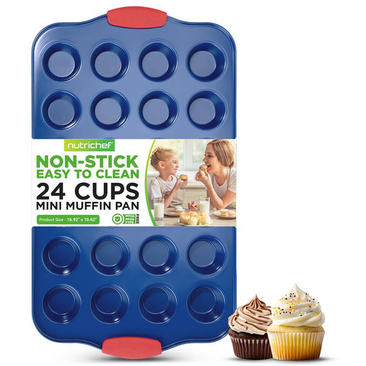 17" Nonstick Muffin Pan, 24 Cup, Carbon Steel, Red Handles, Blue Coating