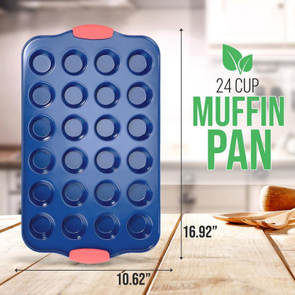 17" Nonstick Muffin Pan, 24 Cup, Carbon Steel, Red Handles, Blue Coating