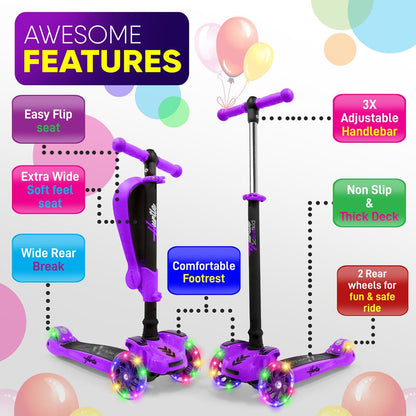 Kids Scooter with Seat, LED Wheels, Adjustable Height, Purple