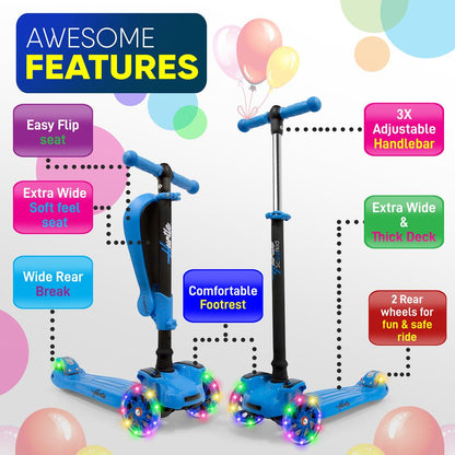 3-Wheeled Kids Scooter with LED Wheels, Adjustable Handlebar, Foldable Seat