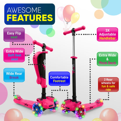 Kids Scooter with Seat, LED Wheels, Adjustable Height, Pink