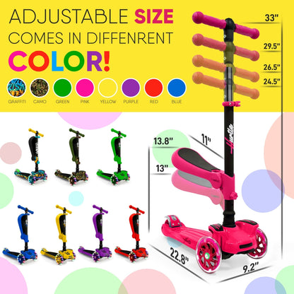Kids Scooter with Seat, LED Wheels, Adjustable Height, Pink