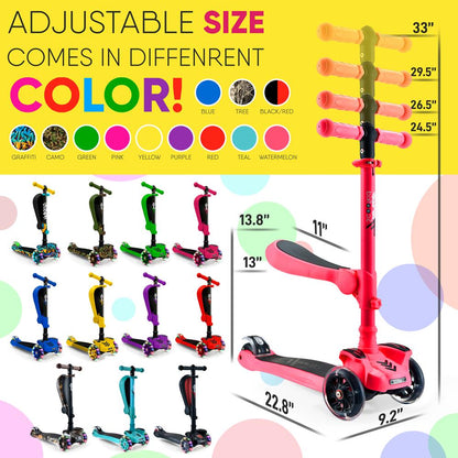 Kids Scooter with Seat, LED Wheels, Adjustable Height, Watermelon
