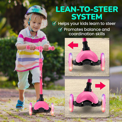 Mini Kickboard Scooter for Kids, Adjustable, LED Wheels, Watermelon