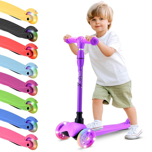 Kids Mini Kick Scooter, LED Wheels, Adjustable Handlebar, Purple