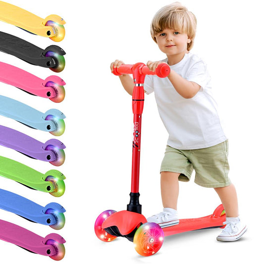Kids Mini Kickboard Scooter, Adjustable, LED Wheels, Anti-Slip, Red