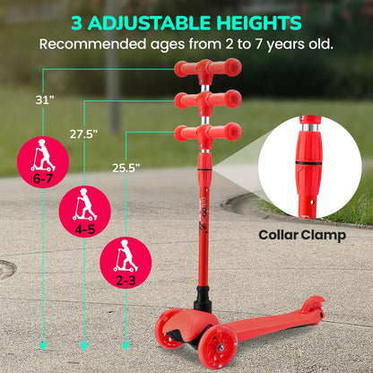 Kids Mini Kickboard Scooter, Adjustable, LED Wheels, Anti-Slip, Red