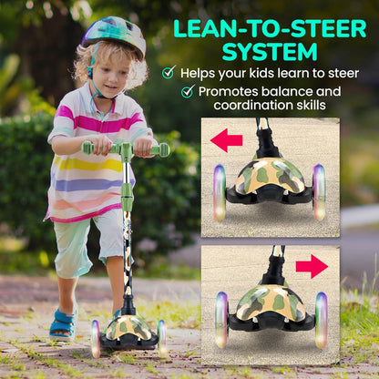 Kids Mini Kick Scooter, Fun LED Wheels, Adjustable Handlebar, Camo