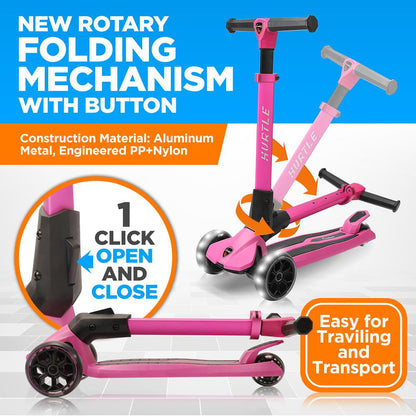 Kids 3-Wheel Scooter - Adjustable Height, LED Wheels, Pink