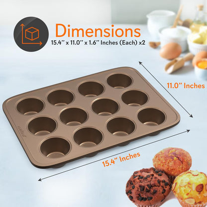 12 Cup Nonstick Muffin Pans, Easy Release Carbon Steel, Gold