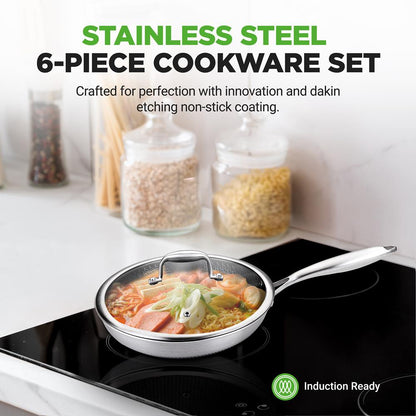 6-Piece Non-Stick Frying Pan Set, Quick Heat, Tri-Ply Stainless Steel