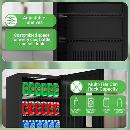 Beer Fridge 108-Can Capacity Glass Door Adjustable Temp Control