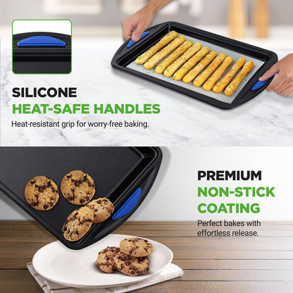 3-Piece Nonstick Cookie Sheets Set - Easy Cleanup Carbon Steel, Blue Handles