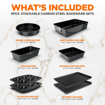8-Piece Nonstick Bakeware Set - Easy Clean Carbon Steel, Stackable